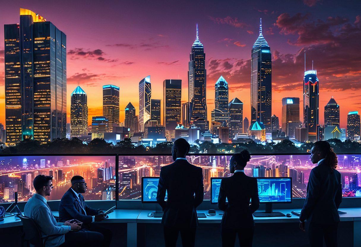 A futuristic city skyline of Atlanta illuminated by neon lights, with a diverse group of people discussing innovation and technology. Incorporate symbols of the insurance market such as digital screens with graphs, shield icons, and high-tech gadgets. The scene is bustling with energy, highlighting a blend of tradition and modernity. Capture the essence of emerging trends with a vibrant sunset in the background. super-realistic. vibrant colors. cyberpunk.