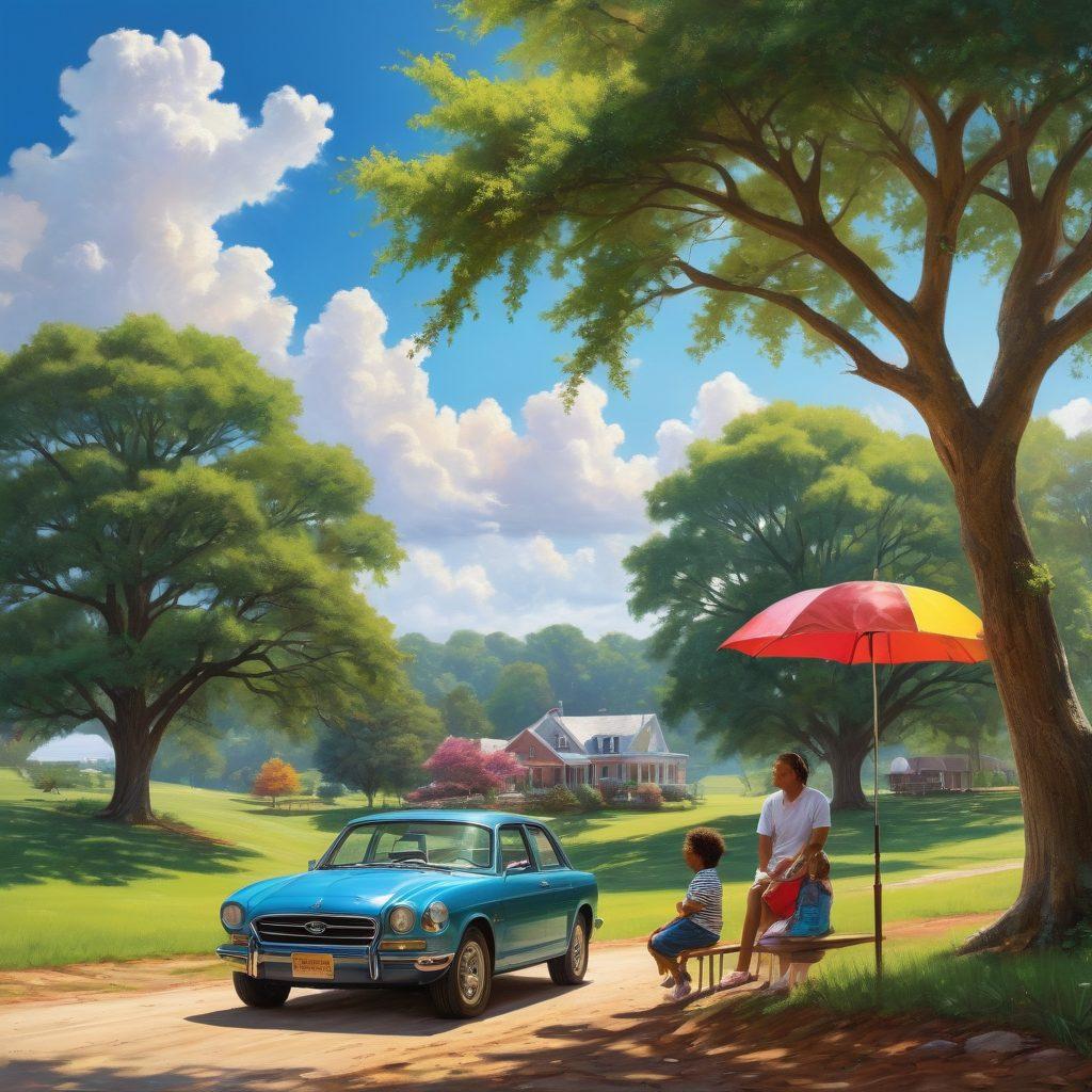 A serene landscape of Georgia featuring rolling hills and a bright blue sky, with symbols of insurance such as umbrellas, shields, and dollar signs scattered around. In the foreground, a happy family reviews plans under the shade of a tree, showcasing trust and security in choices. Fluffy clouds drift by, hinting at a worry-free future. The overall ambiance conveys peace, safety, and community, inviting viewers to explore insurance benefits. super-realistic. vibrant colors. scenic background.