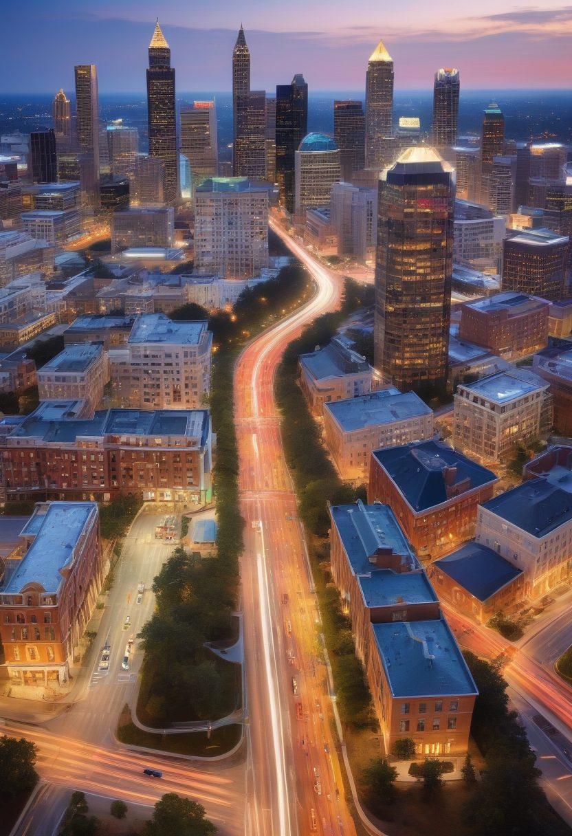 A sprawling view of Atlanta's skyline at dusk, with a road map overlay featuring insurance symbols like shields, houses, and dollar signs. Include diverse people discussing policies and rates in the foreground, exuding a sense of community and guidance. The image should capture the essence of navigating a complex landscape with bright city lights and a warm atmosphere. vibrant colors. super-realistic.